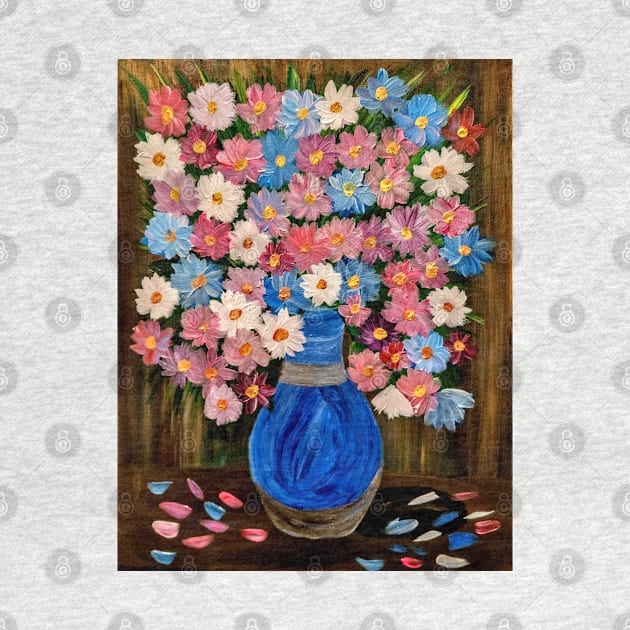 A lovely boutique of flowers in different shade of pink and purple and white . In a beautiful blue metallic vase . by kkartwork
